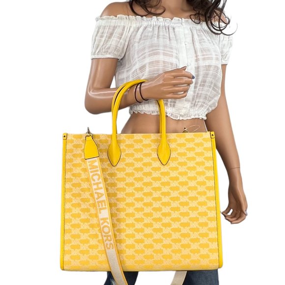 Michael Kors Mirella Large Center Stripe Logo Tote Bag MK Yellow Multi - Picture 3 of 10